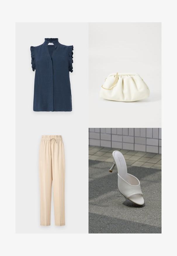 Samtblaues ärmelloses Oberteil mit hohem Rüschkragen und Rüschendetails an den Schultern, aus leichtem Stoff gefertigt.; Beige, leichte Hose mit elastischem Bund, Kordelzugdetails und geradem Beinanschnitt. Glatte Textur, minimalistischer Stil.; Weißer High-Heel-Pantolette mit offenem Zehenbereich schwebt über grauem Asphalt und vor einem Hintergrund aus gefliesten Wänden.; Weiße Lederhandtasche mit einem gerafften Design, ausgestattet mit einem goldenen Kettenriemen und einer runden Form. Glatte Textur mit sanften Falten und ohne Muster.