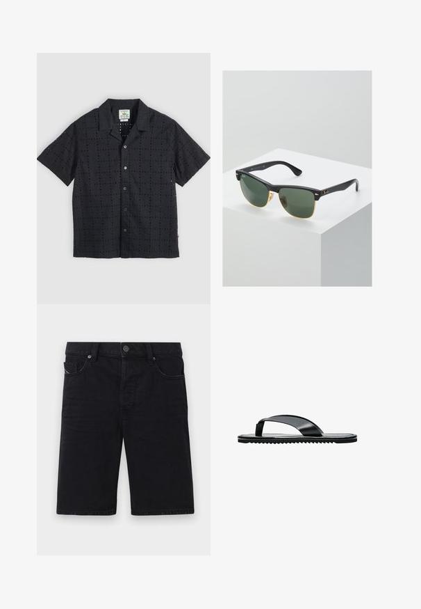 Chemise noire à manches courtes avec boutons et motif carré perforé, col camp, étalée à plat sur un fond clair.; Shorts en denim noir avec une coupe droite, cinq poches, éléments en métal et coutures visibles. Texture douce et design simple.; Sandale tongs plates noires avec une large bride d’orteil et une semelle texturée, vue de profil sur fond blanc.; Lunettes de soleil Ray-Ban avec des verres verts, monture en plastique noir et accents dorés sur les bords. Forme carrée avec une finition mate.