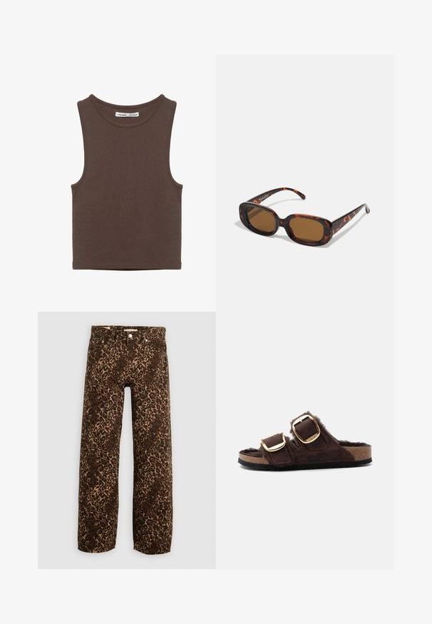 Ærmeløs cropped tanktop i mørkebrun med rund halsudskæring og synlige syninger omkring armhuler og kant.; Bordeaux og tan leopardprint brede benjeans. Fremstillet af denim, med et klassisk fem-lomme design og metalhardwaredetaljer.; Brun åben sandal med to justerbare guldbukler og en blød, pelslignende foring på en korksål.; Skildpaddefarvede solbriller med rektangulær form, brune linser, glat plastikskelet og tynde stænger med subtile tonale mønstre.