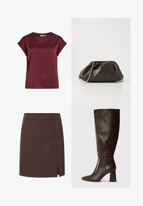 Bordeauxrode blouse met korte mouwen en ronde hals, met opgerolde manchetten en een gladde, licht glanzende stoftextuur.; Bruine knielange rok met een kleine split aan de voorkant, rechts aan de zoom, eenvoudige tailleband en zonder zichtbare patronen of versieringen.; Bruine leren knie-hoge laars met een spitse neus en een chunky, gestructureerde hak. Gladde afwerking met minimale stiksel-details.; Bruine leren handtas met een geaccentueerd ontwerp, gouden kettinghengsel en een zachte, textuurafwerking. Compacte vorm geschikt voor avondgebruik.