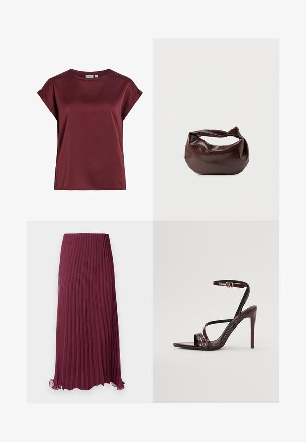 Blusa burdeos de manga corta y cuello redondo, con puños remangados y una textura de tela suave y ligeramente brillante.; Larga falda de color burdeos con pliegues, hecha de un tejido ligero, con una cintura elástica y un dobladillo ligeramente rizado. Pliegues verticales texturizados en toda la prenda.; Sandalia de tacón alto de charol burdeos con tira en el tobillo, punta afilada y tres tiras horizontales en el pie. Detalle de hebilla en tono dorado.; Bolso de hombro de cuero marrón oscuro con una forma suave y caída, y un asa con nudo torcido sobre un fondo blanco liso.