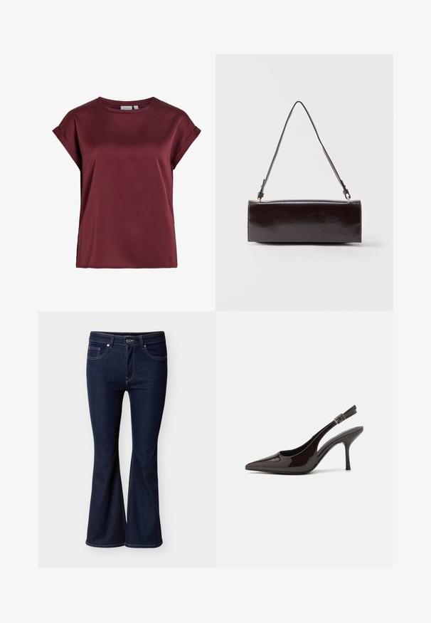 Bordeauxrode blouse met korte mouwen en ronde hals, met opgerolde manchetten en een gladde, licht glanzende stoftextuur.; Donkerblauwe wijde jeans gemaakt van denim. Voorzien van voorzakken, een ritssluiting en subtiele stiksels langs de naden.; Slingback hoge hak schoen in glanzend donkerbruin patentleer, puntige neus, open zijkanten en verstelbare enkelband.; Rechthoekige zwarte leren handtas met een enkele lange schouderband en een glanzende afwerking, weergegeven tegen een effen witte achtergrond.