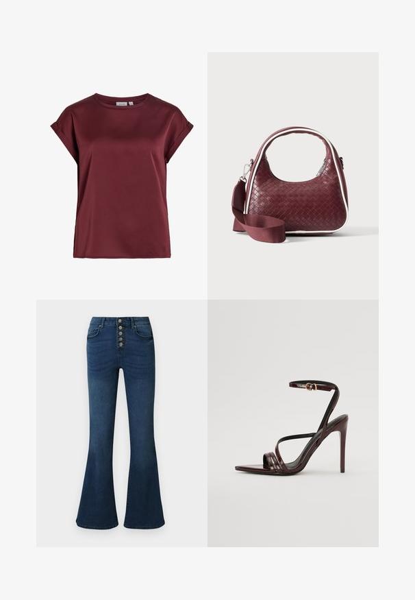 Bordeauxrode blouse met korte mouwen en ronde hals, met opgerolde manchetten en een gladde, licht glanzende stoftextuur.; Donkerblauwe denim flared jeans met een hoge taille en een sluiting met vijf knopen aan de voorkant. Soepele textuur met subtiele vervaging en stiksel details.; Bordeaux gepatineerde leren hoge hakken sandaal met een enkelbandje, puntige neus en drie horizontale banden over de voet. Details met gouden gesp.; Donkerrode geweven leren handtas met gebogen handvat, witte bies, zilveren rits en afneembare brede stoffen schouderriem tegen een effen achtergrond.