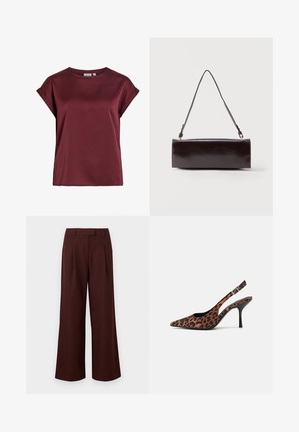 Blouse bordeaux à manches courtes et col rond, avec des poignets retroussés et une texture de tissu lisse légèrement brillante.; Pantalon à jambes larges et taille haute de couleur marron foncé, avec passants de ceinture et plis sur le devant, présenté sur un fond blanc uni.; Escarpins slingback en imprimé léopard avec un embout pointu, un talon noir brillant et une bride ajustable à la cheville. Matériau doux avec une finition texturée.; Sac à main rectangulaire en cuir noir avec une longue bandoulière unique et une finition brillante, présenté sur un fond blanc uni.