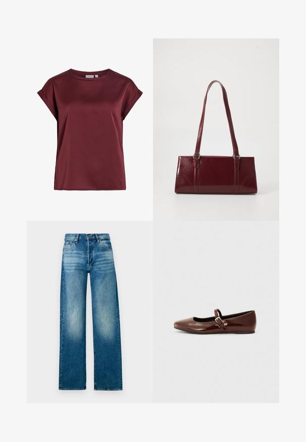 Bordeauxrode blouse met korte mouwen en ronde hals, met opgerolde manchetten en een gladde, licht glanzende stoftextuur.; Lichtblauwe denimjeans met een hoge taille, wijde pijpen en een vervaagde afwerking. Voorzien van een klassiek five-pocket ontwerp en metalen knoopsluiting.; Bruine gepatineerde leren balletschoen met een vierkante neus en een bandje met een kleine gouden gesp. Gladde textuur, lage hak en minimalistisch ontwerp.; Bourgondische handtas van glanzend materiaal, rechthoekige vorm, met twee schouderbanden en subtiele gebogen accenten aan de voorkant.