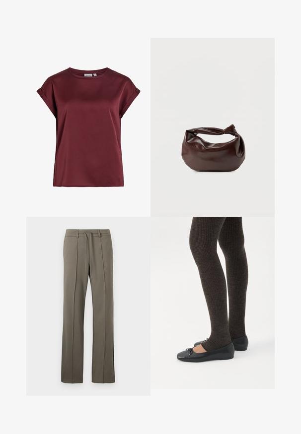 Blouse bordeaux à manches courtes et col rond, avec des poignets retroussés et une texture de tissu lisse légèrement brillante.; Pantalons kaki avec une coupe droite, taille à cordon de serrage et deux plis sur le devant. Fabriqués dans un tissu doux et texturé.; Jambes portant des leggings côtelés foncés associés à des ballerines noires avec de petits détails en nœud sur fond blanc.; Sac bandoulière en cuir marron foncé avec une forme souple et décontractée et une anse nouée torsadée sur un fond blanc uni.