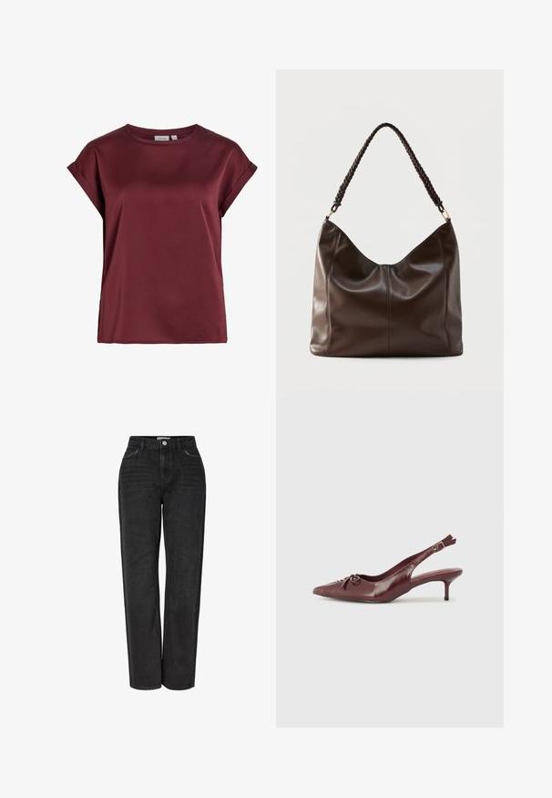 Blusa burdeos de manga corta y cuello redondo, con puños remangados y una textura de tela suave y ligeramente brillante.; Jeans negros de cintura alta y pierna recta con bolsillos delanteros, trabillas para cinturón y cierre de botón.; Tacón slingback de cuero burdeos con punta afilada, correa ajustable y detalle decorativo de lazo en la parte delantera. Altura del tacón de 3 pulgadas.; Bolso de hombro de cuero marrón oscuro con un asa trenzada y detalles visibles de costuras en la parte frontal.