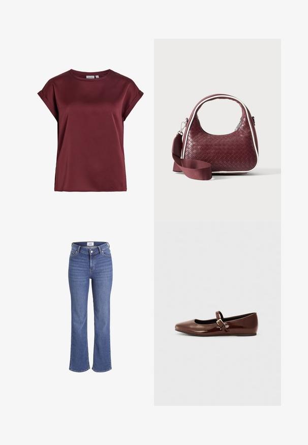 Bordeauxrode blouse met korte mouwen en ronde hals, met opgerolde manchetten en een gladde, licht glanzende stoftextuur.; Donkerblauwe denim jeans met een hoge taille, wijdere pijpen en een traditionele vijf-pocketdesign. Heeft zichtbare stiksels en een knoopsluiting aan de voorkant.; Bruine gepatineerde leren balletschoen met een vierkante neus en een bandje met een kleine gouden gesp. Gladde textuur, lage hak en minimalistisch ontwerp.; Donkerrode geweven leren handtas met gebogen handvat, witte bies, zilveren rits en afneembare brede stoffen schouderriem tegen een effen achtergrond.