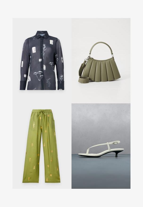 Chemise bleue marine en voile avec des imprimés floraux et animaliers blancs, dotée d'un col classique, de manches longues et d'une surface texturée.; Pantalons larges olive avec taille élastique et cordon de serrage, décorés de motifs en or de coquillages et de conques.; Sandale blanche à talon kitten avec des lanières et un bout pointu, flottant au-dessus d'un sol en carrelage en bois en plein air avec un arrière-plan flou de plante et de mur.; Sac à main plissé vert en matériau lisse avec une poignée incurvée, une bandoulière amovible et des accents en métal argenté.