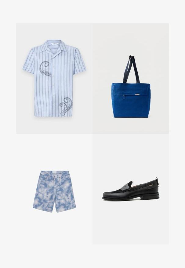 Korte mouwen, lichtblauw gestreept shirt met zwarte octopusborduursel aan de linkerkant en een knoopsluiting aan de voorkant.; Lichtblauwe denim shorts met een wolkpatroon. Gemaakt van katoen, hebben ze een klassieke vijf-pocket ontwerp en een knoopsluiting.; Zwarte leren loafer met grijs riemdetailelement, lage hak en gestructureerde zool, aan de zijkant gebrandmerkt met "HUGO" in goud.; Blauwe canvas boodschappentas met een voorvak met rits, dubbele schouderbanden en een rechthoekige vorm. Heeft een subtiel merklabel.