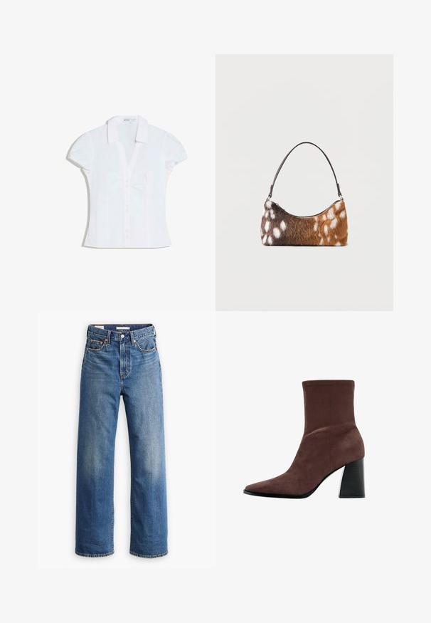 Blouse blanche à manches courtes avec boutons, col et manches légèrement bouffantes, coupe ajustée, de la marque Bershka.; Jean en denim bleu clair avec une taille haute, une coupe à jambes larges, un style classique à cinq poches et un léger délavage sur le tissu.; Bottine en daim marron avec bout pointu et talon bloc épais, vue de côté sur fond blanc.; Sac à bandoulière en fausse fourrure tachetée marron et blanche avec une fine sangle noire, présenté sur un fond blanc.