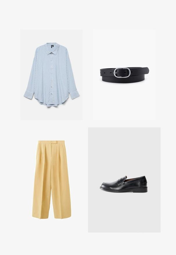 Chemise à manches longues rayée verticalement bleu clair et blanc, avec un col et un ourlet arrondi, présentée à plat sur fond blanc.; Pantalon beige à jambes larges, taille haute, plis devant, poches latérales et fermeture avant dissimulée.; Mocassins en cuir noir avec un bout arrondi, des détails cousus et un petit talon carré. Texture lisse avec un subtil éclat.; Ceinture en cuir noir au toucher lisse, boucle en métal argenté de forme ovale et plusieurs trous d'ajustement le long de la sangle. Design plat et minimal.