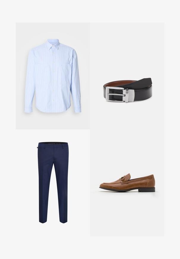 Himmelblaues Button-Down-Hemd mit vertikalen Streifen in Weiß und Pastellfarben, aus weichem Baumwollstoff, mit zwei Brusttaschen und langen Ärmeln.; Marineblaue maßgeschneiderte Hose aus einem glatten Stoff, mit schmaler Passform und flacher Vorderseite ohne sichtbare Taschen oder Verzierungen.; Braune Lederloafers mit flachem Absatz, die eine dekorative Metallakzentuiert auf der Vorderseite, ein elegantes Design und eine glatte Textur aufweisen.; Schwarzer Ledergürtel mit einer rechteckigen Schnalle in silberfarbener Ausführung, die über eine strukturierte Akzentuierung und eine glatte Oberfläche verfügt. Braune Innenauskleidung ist sichtbar.