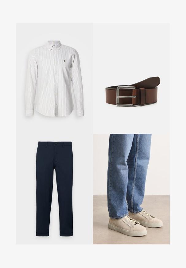 Herren Langarm-Hemd mit Knopfleiste in hellblau und weißen vertikalen Streifen, aus Baumwollmaterial, mit kleinem Logo auf der Brust und Knopfmanschetten.; Marineblaue Baumwollhosen mit geradem Bein, Knopfverschluss, Fronttaschen und aufgeschlagenen Säumen für einen sauberen Abschluss.; BOSS GARYTENN_SDHDEL - Sneaker low - natural ten; Brauner Ledergürtel mit einer silbernen Metallschnalle. Hat eine glatte Oberfläche und klare Kanten, mit einem kleinen Präge-Logo auf der Schnalle.