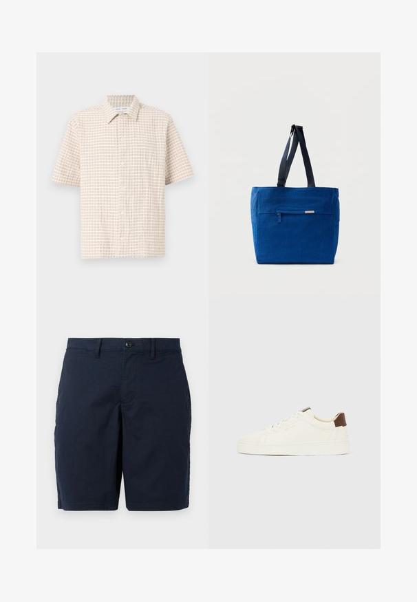 Kurzärmliges, hellbeiges Hemd mit einem Gittermuster in sanftem Braun, knopfbarem Design und klassischem Kragen. Glatte Stofftextur.; Marineblaue Shorts aus leichtem Stoff. Mit Knopfverschluss, flachem Vorderteil und zwei Seitentaschen. Klassisches, gerades Schnittdesign.; Weißer Sneaker mit niedrigem Schaft, cremefarbenen Schnürsenkeln, einem braunen Fersenlaschen und goldfarbenem "GANT"-Logo an der Seite, im Profil vor einem einfarbigen Hintergrund gezeigt.; Blaue Canvas-Einkaufstasche mit einer vorderen Reißverschlusstasche, doppelten Schulterriemen und rechteckiger Form. Verfügt über ein dezentes Markenlabel.