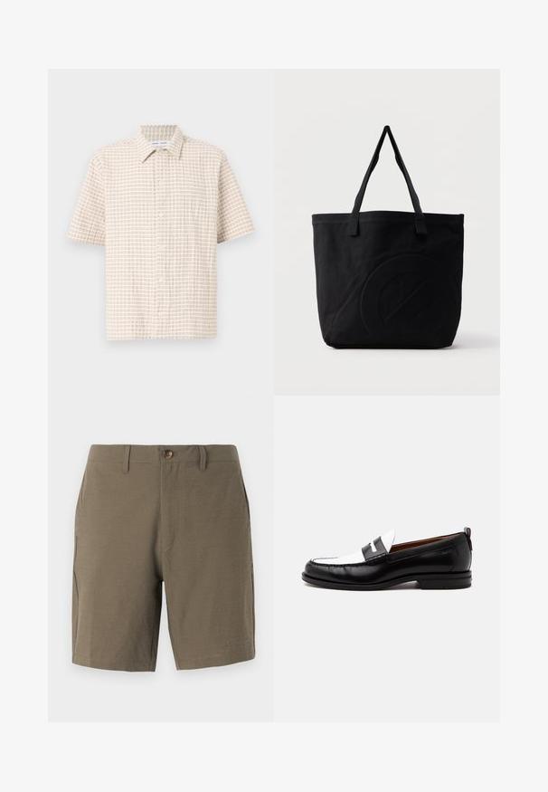 Kurzärmliges, hellbeiges Hemd mit einem Gittermuster in sanftem Braun, knopfbarem Design und klassischem Kragen. Glatte Stofftextur.; Olivgrüne Shorts aus strukturiertem Stoff, mit Knopfverschluss und flachem Bund, ausgestattet mit Seitentaschen für Funktionalität.; Schwarz-weißer Lederloafer mit genähten Details, niedrigem Absatz und einem Slip-On-Design, seitlich auf neutralem Hintergrund gezeigt.; Schwarze Canvas-Shopper-Tasche mit zwei Schulterriemen und einem dezenten, eingeprägten kreisförmigen Design auf der Vorderseite.