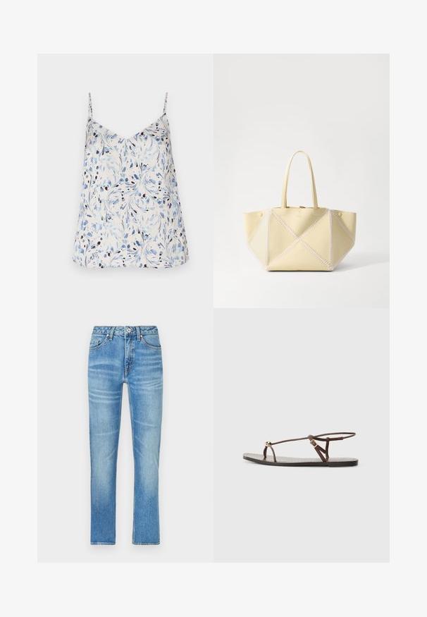 Top sin mangas blanco con un patrón floral en azul y negro. Diseño de escote en V con tirantes finos y un corte relajado. Textura de tela suave.; Jeans de denim azul claro con corte recto, que cuentan con bolsillos frontales, cierre de botón y un ligero desgaste en la tela.; Sandalia de cuero marrón con tiras finas, un acento circular dorado y suela plana. Diseño minimalista con un detalle de hebilla ajustable.; Nanushka THE ORIGAMI - Bolso de mano - moonbeam/creme