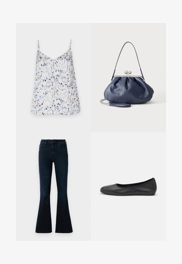 Witte mouwloze top met een bloemenpatroon in blauw en zwart. V-halsontwerp met dunne bandjes en een ontspannen pasvorm. Soepele stofstructuur.; Donkerblauwe uitlopende jeans van denim, met een hoge taille, standaardzakken en subtiele vervaging op de stof.; Zwarte leren ballerina met een ronde neus, gladde textuur, minimale stikdetails en een flexibele zoolontwerp.; Zachte navyblauwe leren handtas met zilveren sluiting, enkele schouderband en afneembare ketting polsband op witte achtergrond.