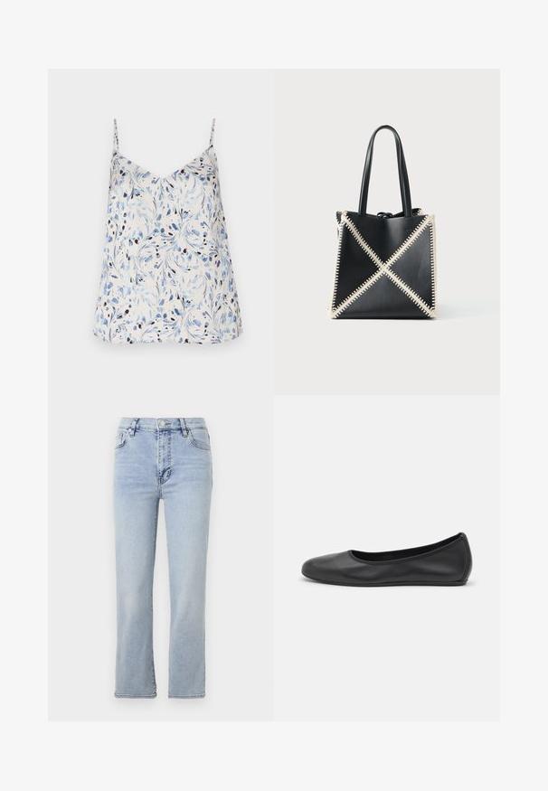 Weißes ärmelloses Oberteil mit floralem Muster in Blau und Schwarz. V-Ausschnitt-Design mit dünnen Trägern und lockerer Passform. Glatte Stoffstruktur.; Hellblaue Jeans aus Denim mit geradem Bein, fünf Taschen, einem Knopf- und Reißverschluss sowie sichtbaren Nahtdetails.; Schwarze Leder-Ballettschuhe mit abgerundeter Spitze, glatter Textur, minimalen Nähdetails und einem flexiblen Sohlen-Design.; Schwarze Leder-Tote mit cremefarbener Steppnaht, die ein X-Muster bildet. Verfügt über zwei schwarze Griffe und hat eine ungeformte Form.