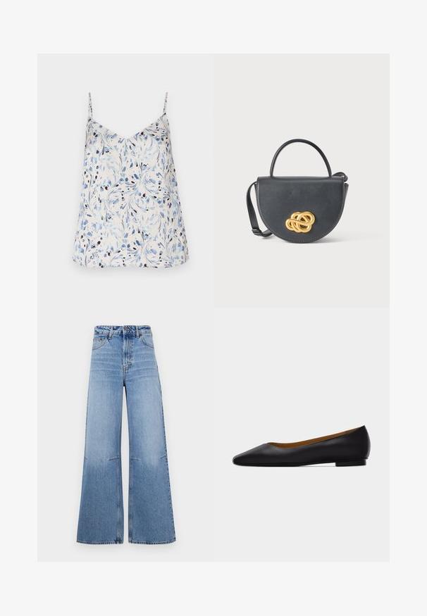 Weißes ärmelloses Oberteil mit floralem Muster in Blau und Schwarz. V-Ausschnitt-Design mit dünnen Trägern und lockerer Passform. Glatte Stoffstruktur.; Helle blaue weit geschnittene Jeans mit high waist, ausgestattet mit frontalen Taschen und Nahtdetails, die vertikal entlang der Beine verlaufen.; Schwarzer flacher Schuh aus Leder mit spitz zulaufender Vorderkappe, niedrigem Absatz und glatter Oberfläche, von der Seite vor einem hellgrauen Hintergrund dargestellt.; Schwarze Lederhandtasche mit abgerundeter Form, einem oberen Griff und einem abnehmbaren Riemen. Verfügt über ein markantes goldenes Knotendetail auf der Vorderseite.