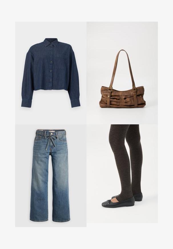 Mørkeblå denim kort skjorte med lange ærmer, knapper foran, krave og en enkelt brystlomme mod en hvid baggrund.; Lyseblå vide jeans lavet af denim, med en snøre i taljen, to frontlommer og subtilt slid for tekstur.; Ben iført mørke ribbede leggings kombineret med sorte balletsko med små sløjfedetaljer på hvid baggrund.; Even&Odd by Zalando Håndtasker - brown