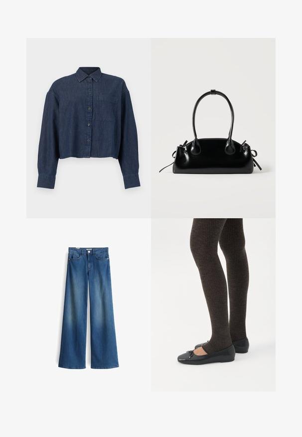 Dunkelblaue, kurze Jeansbluse mit langen Ärmeln, vorderen Knöpfen, Kragen und einer einzelnen Brusttasche vor weißem Hintergrund.; Weite Jeans aus Denim in Mittelblau mit glatter Textur. Verfügt über zwei Fronttaschen und einen klassischen Knopfverschluss in der Taille.; Beine in dunklen, gerippten Leggings kombiniert mit schwarzen Ballerinas mit kleinen Schleifendetails auf weißem Hintergrund.; Kleine schwarze glänzende Handtasche mit zwei langen Griffen und seitlichen Kordelzug-Details vor einfachem hellem Hintergrund.