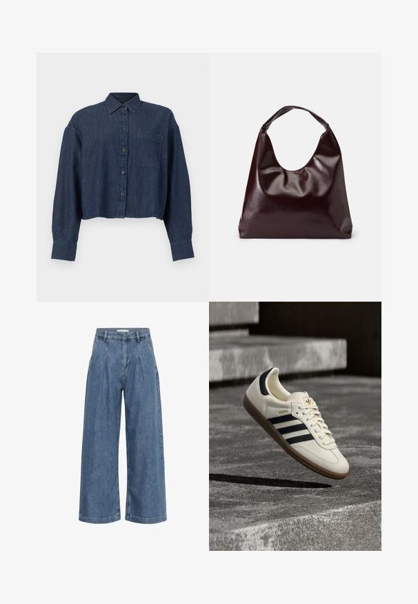 Μπλε σκουρόχρωμο cropped πουκάμισο από denim με μακριά μανίκια, κουμπιά στο μπροστινό μέρος, γιακά και μια τσέπη στο στήθος, σε λευκό φόντο.; Μπλε τζιν παντελόνι ψηλόμεσο, φαρδύ με πιέτες μπροστά, πλαϊνές τσέπες και θηλιές για ζώνη, εκτεθειμένο σε λευκό φόντο.; Άσπρο παπούτσι Adidas Samba με μαύρες λωρίδες και σόλα από καουτσούκ, που αιωρείται πάνω από υφή γκρι σκυρόδεμα σκαλοπατιών.; Μπορντό, γυαλιστερή τσάντα tote από vegan δέρμα με μαλακή, γλυπτική μορφή και ευρεία, καμπυλωτή λαβή για εύκολη μεταφορά.