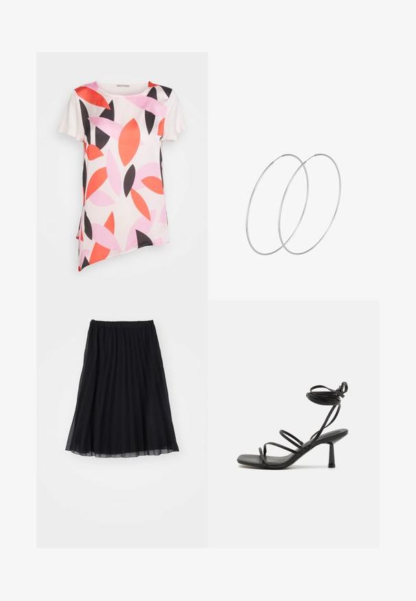 Anna Field by Zalando Camiseta estampada - pink; Falda plisada negra de tela transparente, con cintura elástica. Su diseño fluido se extiende hasta la mitad de la pantorrilla, mostrando pliegues verticales.; Sandalia negra de tiras con punta cuadrada, lazos ajustables en el tobillo y un tacón bloque delgado. Fabricada con un material suave y duradero.; Pendientes de aro plateados con un diseño minimalista. Forma circular, textura suave y perfil delgado. Livianos con un acabado pulido.