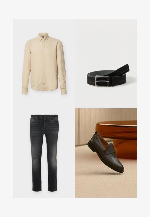 Chemise beige à manches longues avec boutons, col boutonné et petit logo brodé sur le côté gauche de la poitrine.; Jeans en denim noir ajustés avec décoloration, légers effilochages près du genou, cinq poches et fermeture à bouton et zip standard.; Mocassin en cuir marron foncé avec un petit talon flottant au-dessus d'un tapis beige, à côté d'une table brillante, arrondie et de couleur ambre.; Ceinture en cuir noir avec boucle rectangulaire argentée, embossée du logo "BOSS" répété, enroulée sur fond blanc.