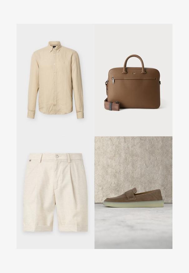 Chemise beige à manches longues avec boutons, col boutonné et petit logo brodé sur le côté gauche de la poitrine.; Shorts beige sur mesure longueur genou avec fermeture par boutons, passants de ceinture et plis subtils à l'avant sur fond uni.; Mocassin beige en daim sans lacets avec semelle en caoutchouc blanche et logo BOSS sur la sangle latérale, présenté sur un fond neutre uni.; Mallette en cuir marron avec poignées supérieures, poche avant zippée et bandoulière assortie amovible sur fond blanc.