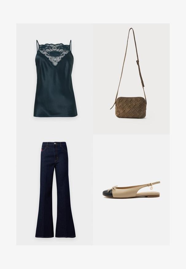 Satin camisole i mørkeblå med en blondepanel ved halsudskæringen, med justerbare tynde stropper og en glat tekstur.; Mørkeblå højtaljede flagrende jeans med frontknap, lynlås, sidelommer og baglommer samt kontrastsyning.; Beige slingback flad sko med sort tåhætte, lille sløjfedetalje, justerbar spænde strope og guldkæde på siden.; Brun ruskinds crossbody taske med vævet diamantmønster og en justerbar lang rem mod en ensfarvet baggrund.