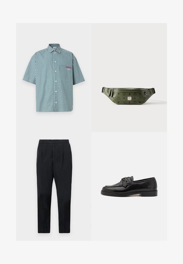 Camisa de manga corta en un patrón de cuadros a cuadros verdes y blancos. Presenta un cierre con botones, cuello y un bolsillo en el pecho con bordado rojo.; Pantalones negros de corte ajustado, con pliegues laterales, una textura suave y una cintura elástica. Sin bolsillos visibles ni patrones.; Mocasines de cuero negro con punta redonda y un acento decorativo de hebilla. Tacón plano y sólido, con una textura suave en todo el zapato.; Bolsa de cintura de cuero texturizado verde oliva con logotipos negros, cremallera plateada, tiradores dobles y placa central de marca en plata.