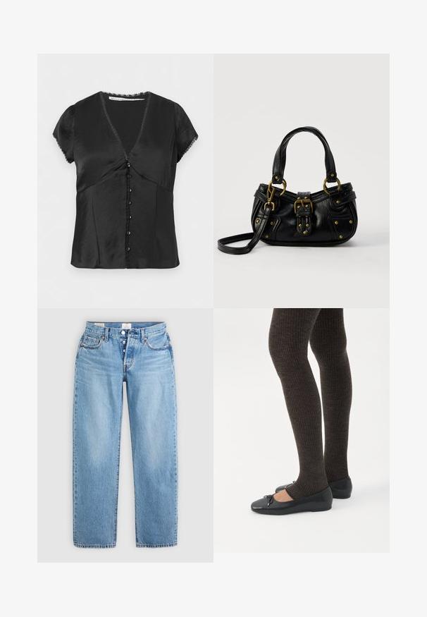 Zwarte blouse met korte mouwen, V-hals, knoopsluiting aan de voorkant en kantafwerking aan de mouwen en halslijn, gemaakt van glad, glanzend stof.; Lichtblauwe spijkerbroek met een recht model, vijf zakken en een knoopsluiting. Heeft gestikte details en een nette zoom.; Benen met donkere geribbelde leggings gecombineerd met zwarte ballerina's met kleine strikdetails op een witte achtergrond.; Zwarte leren handtas met gouden gesp en klinknagel details, korte handvatten en een verstelbare schouderriem op een effen witte achtergrond.