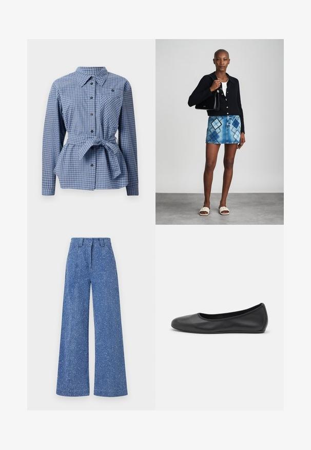 Blauw en wit geruit overhemd met een knoopsluiting aan de voorkant, lange mouwen, een strik taille en een borstzak. Voorzien van zwarte knopen en een frisse kraag.; Hoge taille, wijde blauwe denim jeans met een gebleekt gespikkeld patroon, met knoop- en ritssluiting aan de voorkant en riemlussen.; Zwarte leren ballerina met een ronde neus, gladde textuur, minimale stikdetails en een flexibele zoolontwerp.; Zwarte gebreide cardigan, witte top, denimrok met blauw en zwart ruitpatroon, zwarte handtas en beige instapsandalen.