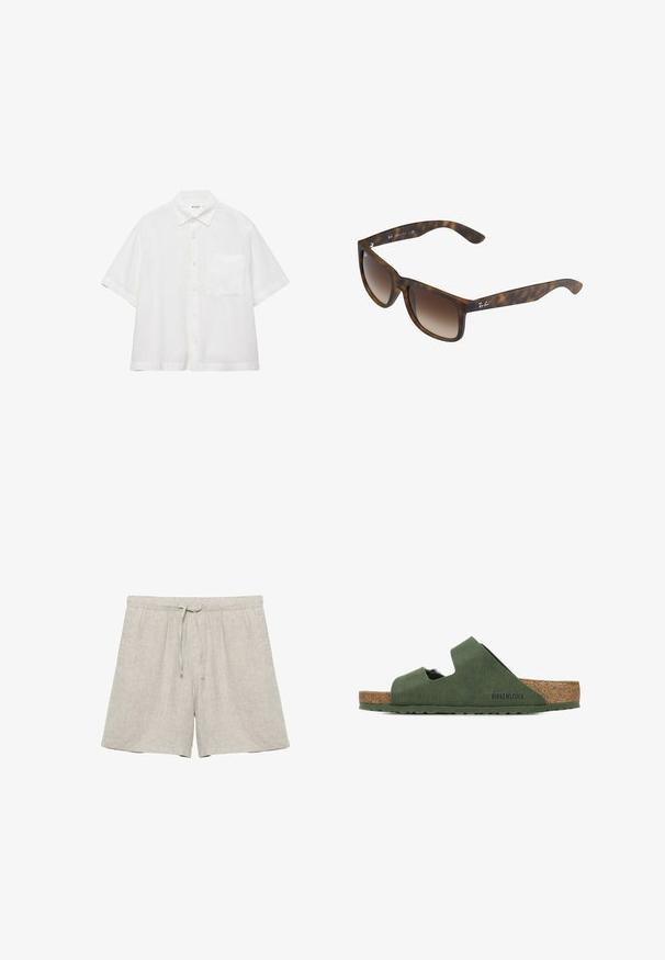 Hvid kortærmet skjorte med knapper foran, spidst krave og en enkelt brystlomme, vist på en ensfarvet hvid baggrund.; Lyse beige hørshorts med elastisk linning og snor, lige ben, ingen synlige mærker eller mønstre.; Grønne Birkenstock-sandaler med to udskårne stropper, en korksål og en tekstureret ydre finish. Sålen er flad med et skridsikkert design.; Skildpadde-solbriller med brune gradientlinser, rektangulær form, tykke stel og en sølvlogoaccent på siden.