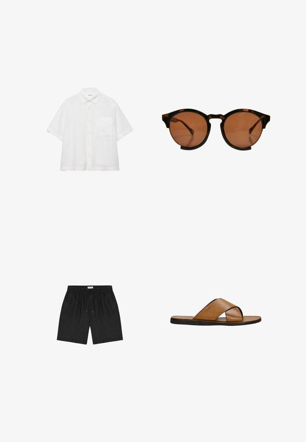 Chemise blanche à manches courtes avec boutons, col pointu et une poche poitrine, présentée sur un fond blanc uni.; Short décontracté noir avec taille élastique et cordon, doté de poches latérales et d'une coupe relax, posé à plat sur un fond blanc.; Sandale à glissière en cuir marron avec un design de bride croisée perforée, semelle plate en caoutchouc noir et doublure intérieure lisse.; Lunettes de soleil rondes avec des montures en écaille sombre et des verres marron. Le design présente une légère forme en œil de chat et des découpes au-dessus des sourcils.