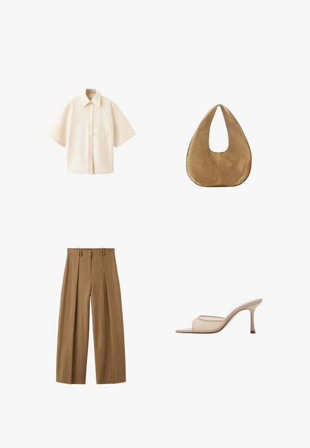 Chemise crème à manches courtes avec boutons, poche poitrine à l’avant, col large et ourlet droit sur fond blanc.; Pantalon marron taille haute à jambes larges avec fines rayures, plis sur le devant, passants pour ceinture et fermeture éclair dissimulée sur le devant.; Sandale à talon ouverte nude avec un panneau supérieur transparent et un talon fin, présentant une texture lisse et un design minimaliste.; Sac hobo en daim couleur camel avec un corps large et arrondi et une seule anse plate, présenté sur fond blanc uni.