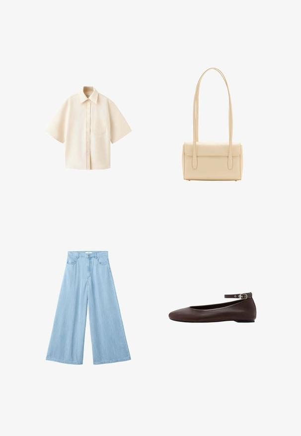 Chemise crème à manches courtes avec boutons, poche poitrine à l’avant, col large et ourlet droit sur fond blanc.; Pantalon en jean bleu clair taille haute à jambes larges, avec poches avant, passants pour ceinture, fermeture par bouton et braguette zippée.; Chaussure plate marron foncé avec bout arrondi et bride de cheville réglable avec boucle argentée sur fond blanc.; Sac à épaule rectangulaire beige avec longues bretelles doubles et fermeture à rabat, présenté sur fond blanc.