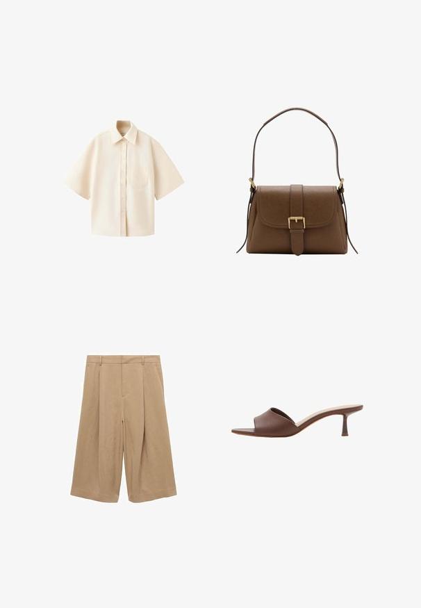 Crèmekleurig overhemd met korte mouwen, knopen, borstzakje, uitgezette kraag en rechte zoom op een witte achtergrond.; Beige culottes van lichtgewicht stof, met een wijde pijpenstijl, een vlakke voorkant, twee zijzakken en een gladde textuur.; Bruine leren mule met open teen, lage, slanke kittenhak en gevoerde binnenzool, getoond tegen een witte achtergrond.; Bruine leren schoudertas met voorflap en gouden gesp, met verstelbare riem met gouden hardware op een witte achtergrond.