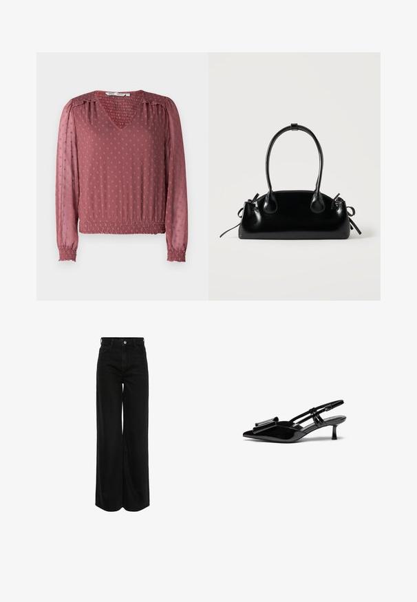 Blouse en V en rose poudré avec un tissu texturé, présentant des poignets froncés, une taille élastique et un motif en points surélevés sur toute la surface.; Jeans en denim noir à jambe large avec taille haute, conception à cinq poches et quincaillerie en argent. Le tissu a une finition lisse et légèrement texturée.; Talons aiguilles en cuir verni noir avec un bout pointu, un détail en nœud à l'avant et un petit talon stiletto. Les brides sont équipées de boucles ajustables.; Petit sac à main noir brillant avec deux longues anses et des détails à cordon sur les côtés sur un fond clair uni.