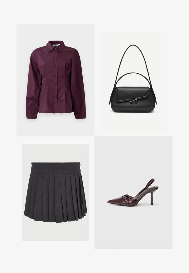 Camisa burdeos de botones con mangas largas, cuello clásico y detalles con pliegues en la cintura. Tejido suave con un leve brillo.; Falda gris con pliegues, con una cinturilla plana y cierre de cremallera, hecha de una tela texturizada, que presenta pliegues profundos de espaciado uniforme.; Zapato de tacón slingback de charol burdeos con puntera puntiaguda, fina correa en el tobillo y pequeño detalle decorativo de hebilla. Textura suave y tacón alto.; Bolso de cuero negro con bordes redondeados, solapa asimétrica, cierre circular de metal y correas de hombro cortas y largas.