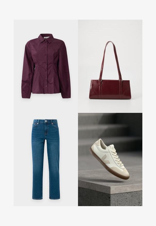 Chemise bordeaux à manches longues, avec un col classique et des détails plissés à la taille. Tissu lisse avec un léger éclat.; Jeans en denim droits bleu avec cinq poches, fermeture à bouton et fermeture éclair, et passants de ceinture, présentés sur un fond blanc.; Baskets blanches et beige avec semelle gomme flottant au-dessus d'une surface en béton gris avec des escaliers flous en arrière-plan.; Sac à main bordeaux en matériau brillant, de forme rectangulaire, avec deux anses et des accents légèrement courbés à l'avant.