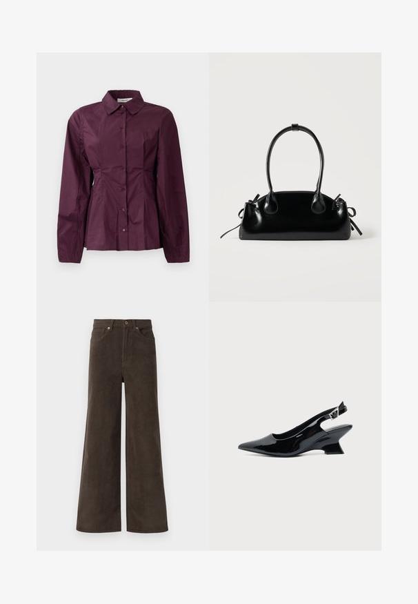Burgundyfärbige Button-up-Hemd mit langen Ärmeln, klassischem Kragen und gefälteltem Detail an der Taille. Glatter Stoff mit dezentem Glanz.; Dunkelbraune weite Cordhosen mit Fronttaschen, Gürtelschlaufen und einem Knopfverschluss am Bund.; Schwarzer Slingback-Schuh aus Lackleder mit spitzer Spitze und niedrigem, schrägem Blockabsatz auf einfachem hellem Hintergrund.; Kleine schwarze glänzende Handtasche mit zwei langen Griffen und seitlichen Kordelzug-Details vor einfachem hellem Hintergrund.