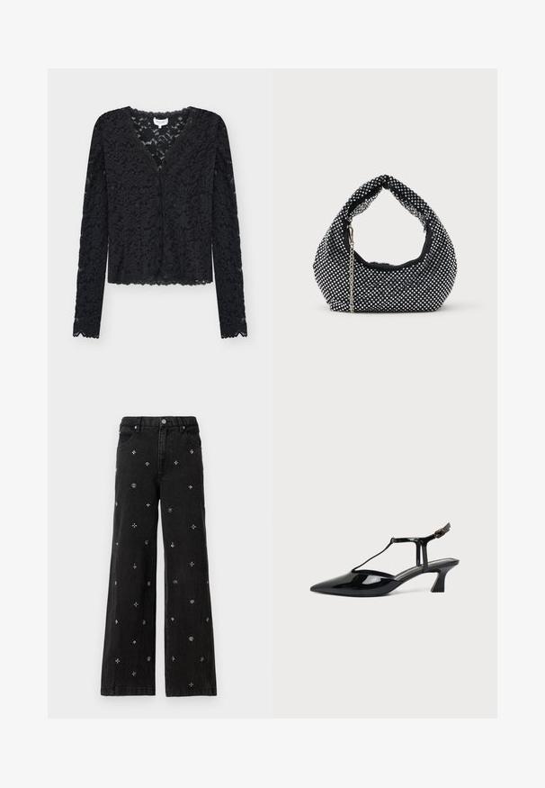 Schwarzer Spitzen-Cardigan mit langem Arm und Blumenmuster, durch Knöpfe verschließbar, mit wellenförmigen Rändern an Ärmeln und Saum.; Schwarze weit geschnittene Jeans aus Denim, verziert mit filigranen silbernen Perlen und Stickereien in floralen und geometrischen Mustern.; Schwarzer Slipper aus Lackleder mit spitz zulaufender Kappe, T-Riemen und niedrigem, schrägem Blockabsatz vor weißem Hintergrund.; Schwarze Netz-Handtasche verziert mit silbernen Nieten, mit einem gebogenen Griff und einem Kettenriemen. Weiche Textur mit runder Form.