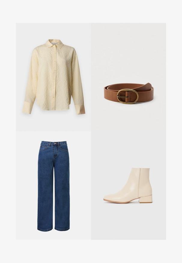 Crème lange mouwen hemd met subtiele verticale strepen en brede manchetten, met een klassieke kraag en een rechte zoom.; Donkerblauwe denim wijde jeans met hoge taille, voorzien van een knoopsluiting, riemlussen en voor- en achterzakken. Glad textuur.; Beige enkellaarsjes van glad leer met een spitse neus, korte schacht en een lage vierkante hak. Minimalistisch ontwerp zonder zichtbare versieringen.; Bruine leren riem opgerold met een ovale koperen gesp, weergegeven op een effen witte achtergrond.