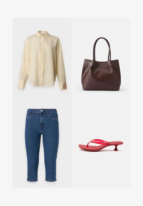 Crème lange mouwen hemd met subtiele verticale strepen en brede manchetten, met een klassieke kraag en een rechte zoom.; Donkerblauwe denim capri-broeken met een hoge taille, vijf zakken en contrasterende stiksels. Bevat een enkele metalen knoop en een lichte tapering aan de zoom.; Rode teenslipper met een getextureerde zool en een kleine, ronde hoge hak, in profiel getoond op een effen lichte achtergrond.; Bruine gevlochten leren tote bag met twee handvatten, voorzien van een gestructureerde oppervlakte en een open ontwerp. Minimalistische vorm zonder extra hardware.