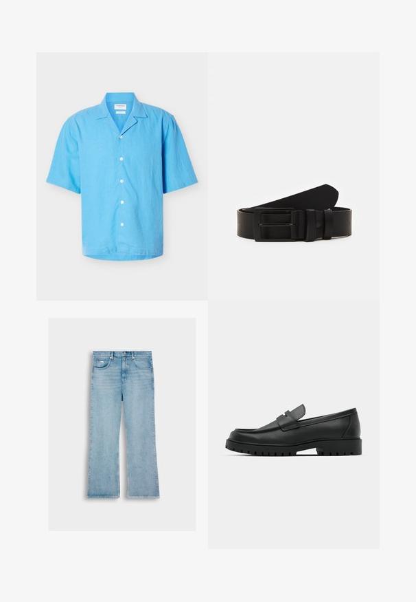 Lichtblauw overhemd met korte mouwen en knopen, uitgevoerd met een campkraag en witte knopen, getoond tegen een lichte achtergrond.; lichtblauwe denim jeans met een rechte pijp, met vijf zakken, een knoopsluiting en stiksels langs de naden.; Zwarte leren instappers met een ronde neus, voorzien van een gestikt ontwerp, een lage platformzool en een gestructureerde, grof rubberen buitenzool.; Zwarte leren riem gerold met een matte zwarte rechthoekige metalen gesp en twee riemlussen op een witte achtergrond.