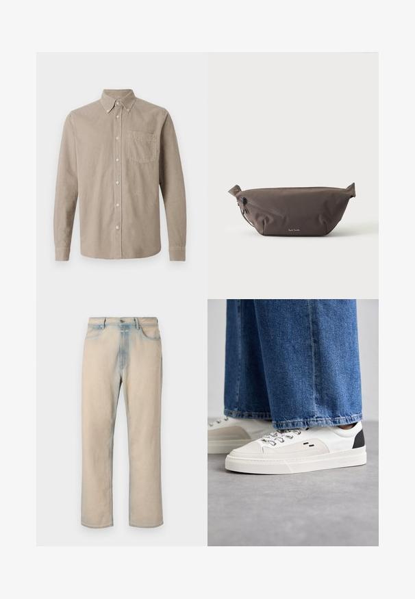 CLOSED BUTTON DOWN SHIRT - Košeľa - silt grey; Svetlo béžové džíny z denimového materiálu so strihom rovného nohu, so svetlo modrými akcentmi, piatimi vreckami a gombíkovým zapínaním v páse.; Biele a čierne tenisky s hladkým koženým zvrškom, štruktúrovanými akcentmi a masívnou bielou podrážkou. Obsahujú klasický dizajn so šnurovaním.; Tmavohnedá látková ľadvinka s diagonálnym zipsovým vreckom a malým bielym logom vpredu, na jednofarebnom svetlom pozadí.