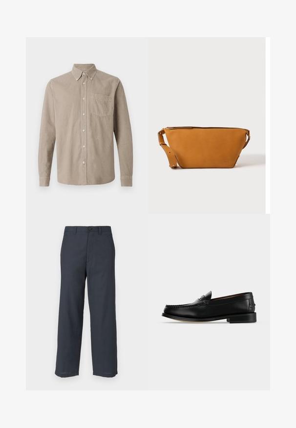 CLOSED BUTTON DOWN SHIRT - Chemise - silt grey; Pantalon bleu marine en tissu lisse, présentant une coupe droite, deux poches avant et une fermeture par un seul bouton.; Mocassin homme en cuir noir avec un petit talon et une couture de style mocassin sur l'avant, vu de côté sur un fond uni.; Sac bandoulière en cuir marron clair avec sangle réglable et fermeture éclair, présenté sur un fond clair uni.