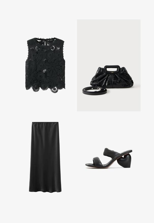 Sort ærmeløs hæklede blonde crop top med blomsterprint og bølget kant, med lille knaplukning bagpå.; Sort, gulvlængde nederdel lavet af glat, let materiale, med elastik i taljen og et enkelt design. Ingen synlige mønstre eller detaljer.; Sort læder slid-sandaler med en hjerteformet hæl. Har to brede remme og en glat, struktureret overflade. Holdbar gummisål.; Lille sort læderhåndtaske med rynket tekstur, rektangulært håndtag og aftagelig tynd skulderrem placeret ved siden af.